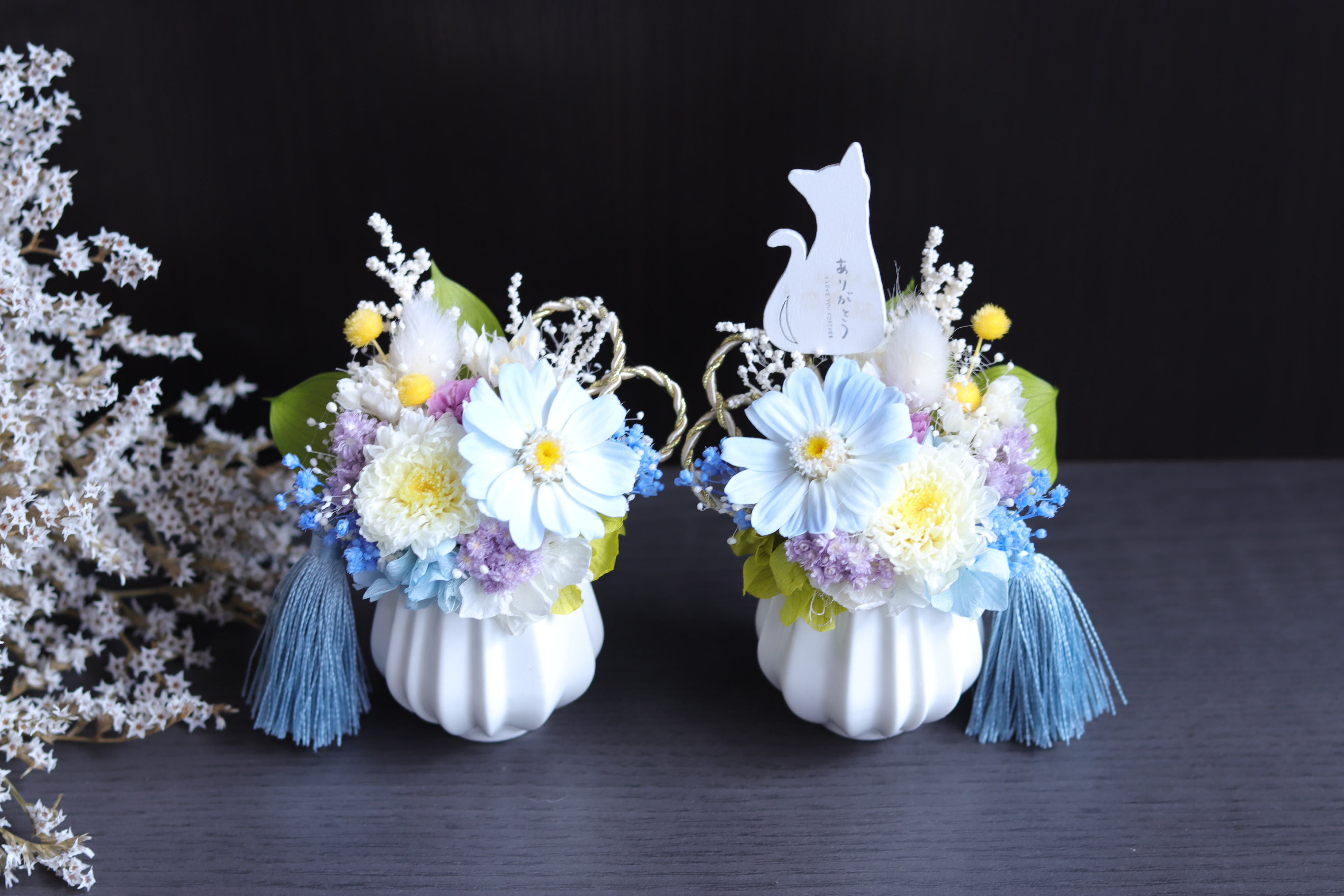 【大切な方に贈るプチ仏花】お好みカスタマイズ「ホワイトブルー」一対＊プリザーブドフラワー＊受注製作＊お盆・お供え