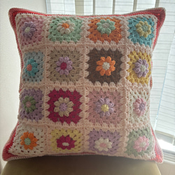 手編みブランケット/花モチーフ/グラニースクエア/カラフル/かぎ針編み