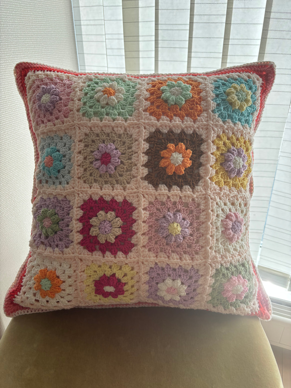 かぎ針編み/花モチーフ/クッションカバー/カラフル クッション