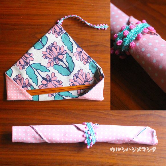 リバーシブル箸袋(花×ピンク水玉)/REVERSIBLE CHOPSTICKS BAG(Flower×dot) 4枚目の画像