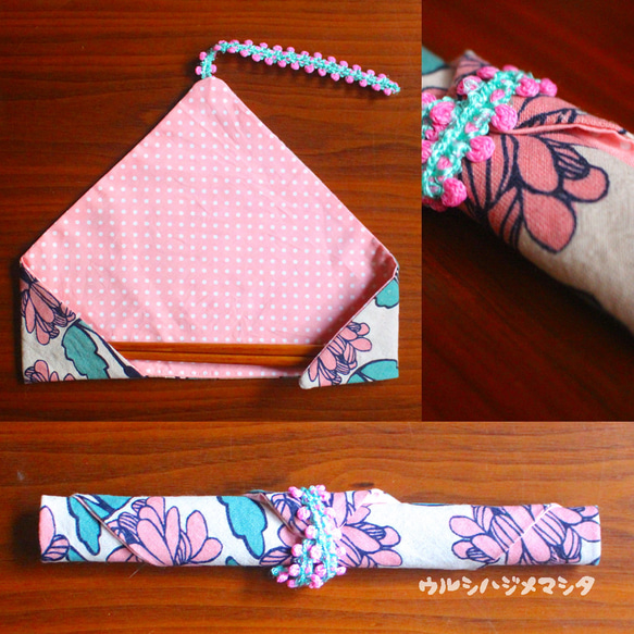 リバーシブル箸袋(花×ピンク水玉)/REVERSIBLE CHOPSTICKS BAG(Flower×dot) 3枚目の画像