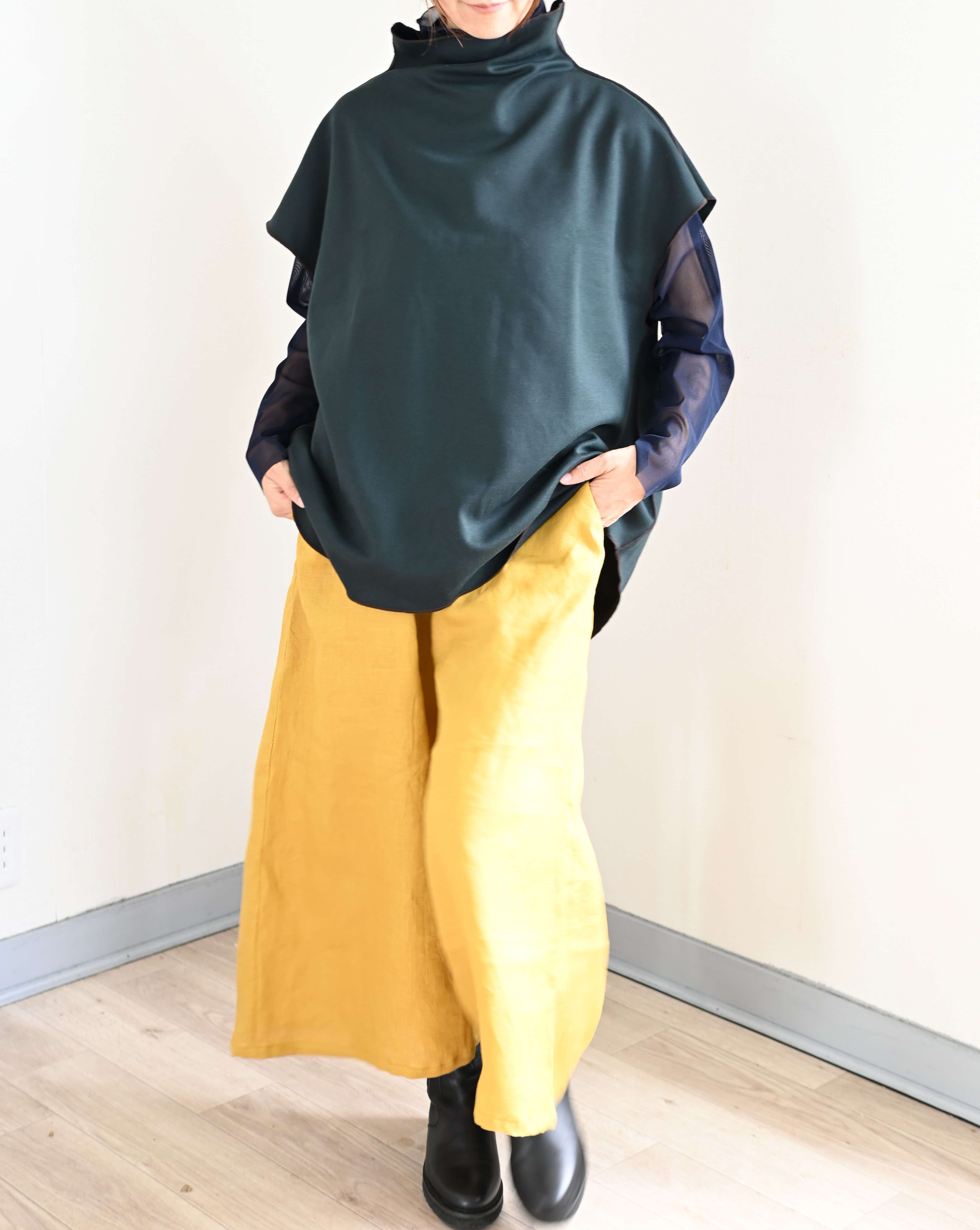 リネンミドル丈ワイドフレアパンツ：マスタードイエロー