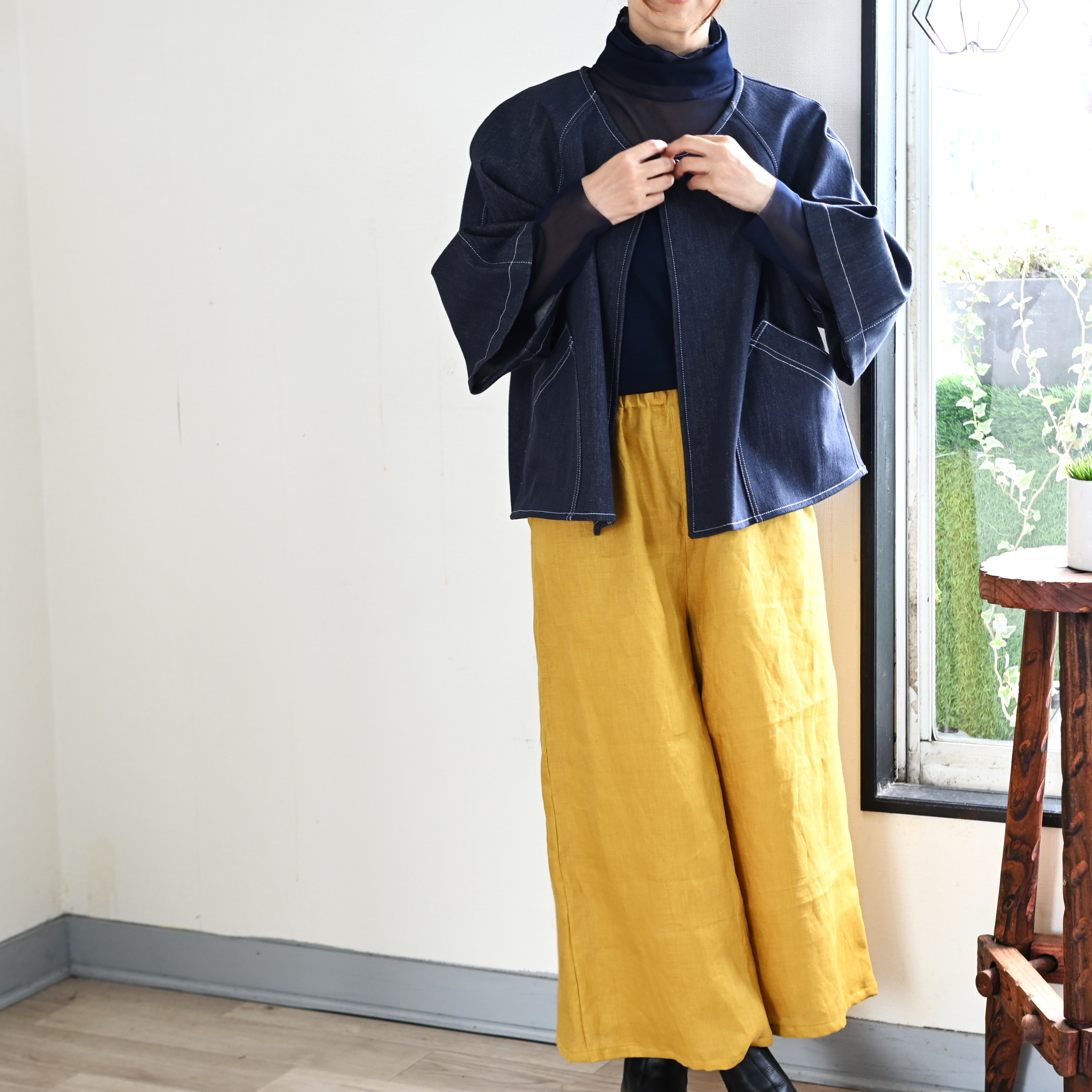 リネンミドル丈ワイドフレアパンツ：マスタードイエロー