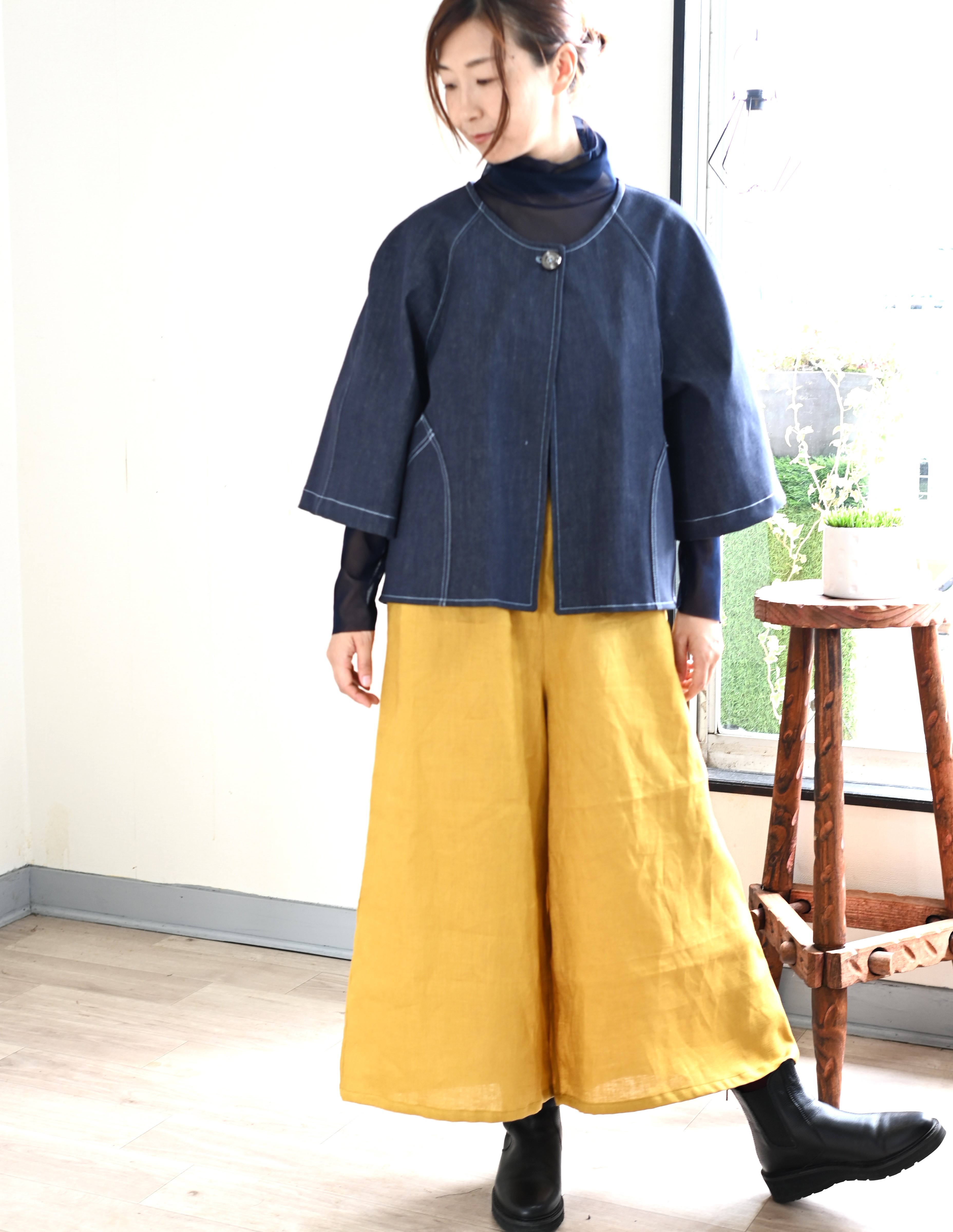 リネンミドル丈ワイドフレアパンツ：マスタードイエロー