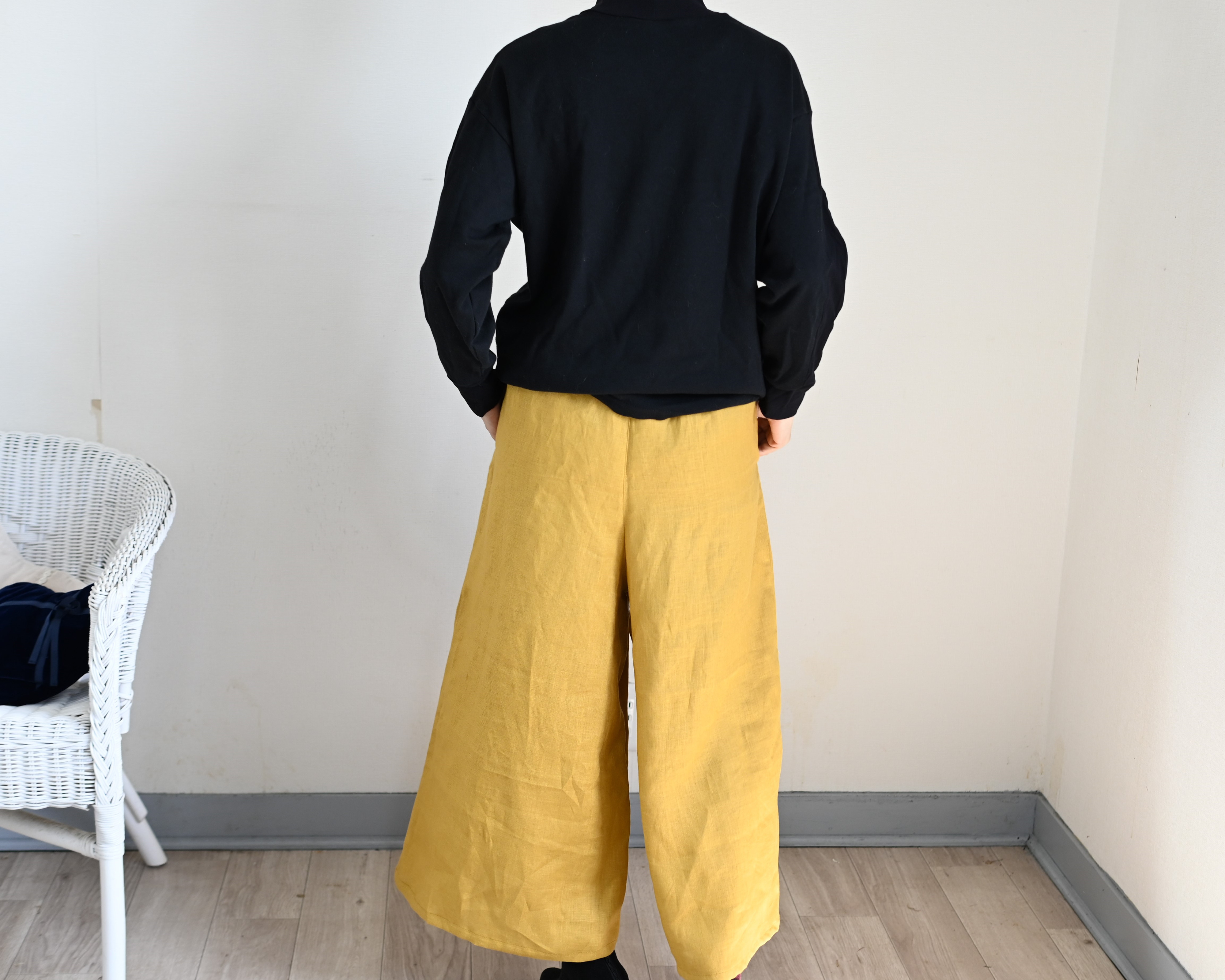 リネンミドル丈ワイドフレアパンツ：マスタードイエロー