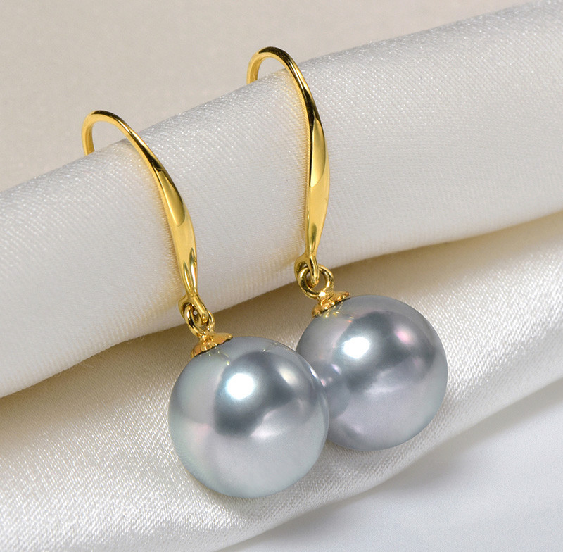 ルミナ 18K ゴールド レトロ プラチナ グレー イヤリング 9-14mm 天然タヒチアンブラックパールイヤリング ラウンド型