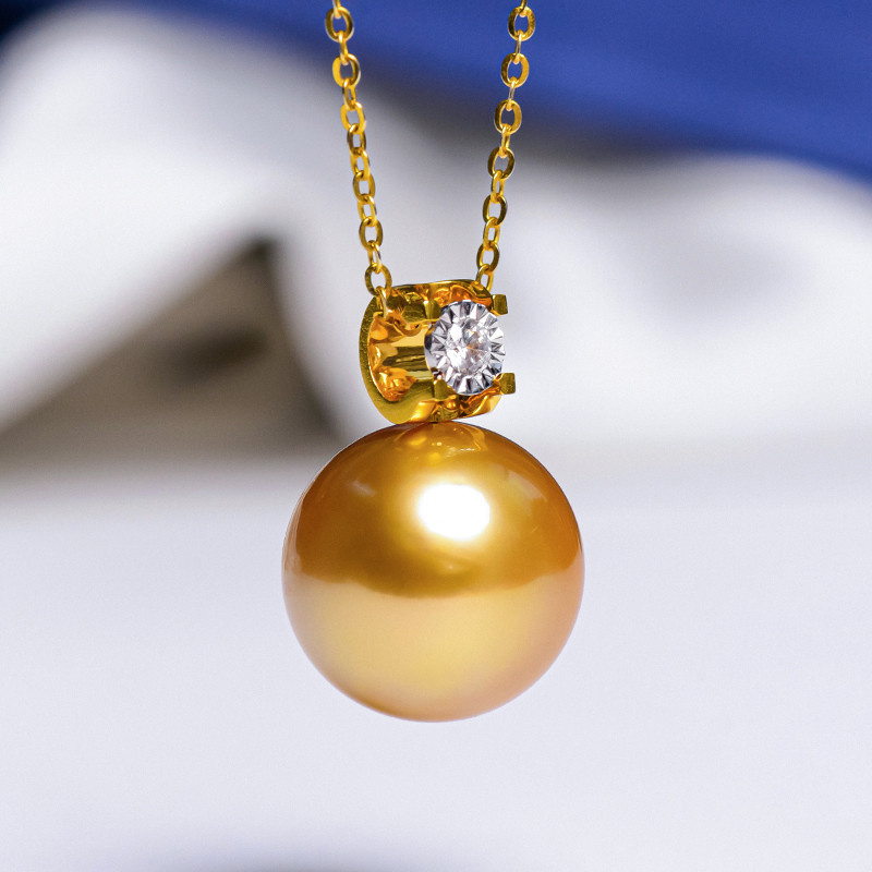 ルミナ 10～13mm 天然南洋ゴールドビーズペンダント、18Kゴールドダイヤモンドネックレス、プリンセスコレクション、完璧なラ