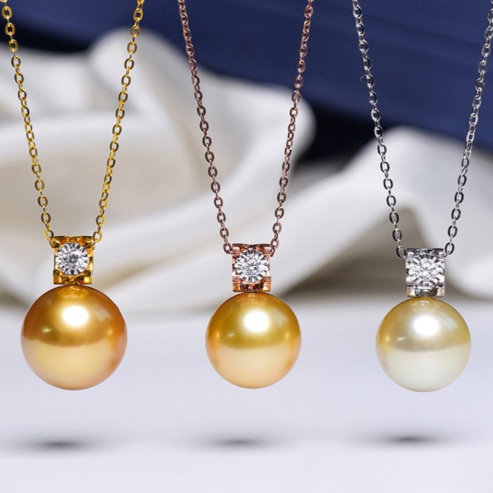 ルミナ 10～13mm 天然南洋ゴールドビーズペンダント、18Kゴールドダイヤモンドネックレス、プリンセスコレクション、完璧なラ