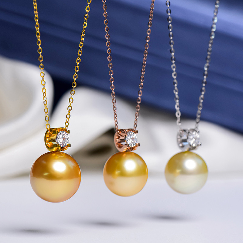 ルミナ 10～13mm 天然南洋ゴールドビーズペンダント、18Kゴールドダイヤモンドネックレス、プリンセスコレクション、完璧なラ
