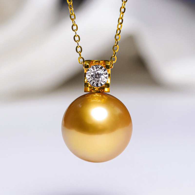 ルミナ 10～13mm 天然南洋ゴールドビーズペンダント、18Kゴールドダイヤモンドネックレス、プリンセスコレクション、完璧なラ