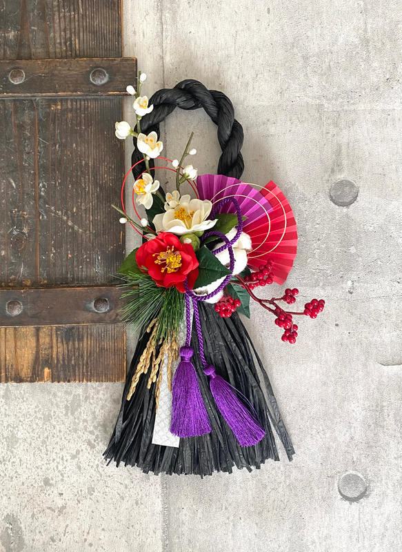 2026新作☆和モダンしめ縄 ブラック 紅白椿 しめ縄・しめ飾り aki 通販