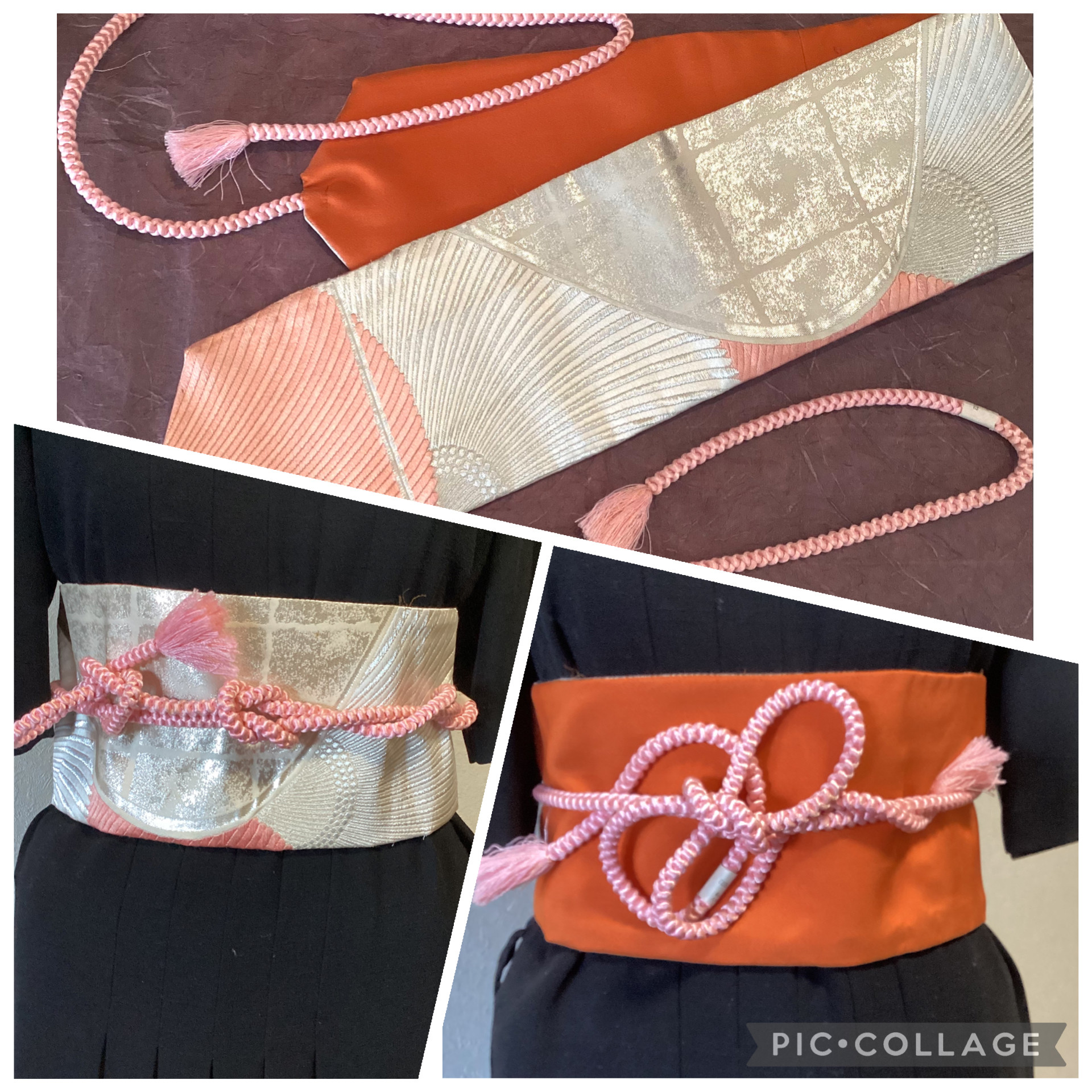 【正絹】　帯ベルト　サッシユベルト　帯地　シルバーにサーモンピンク　西陣織　リバーシブル