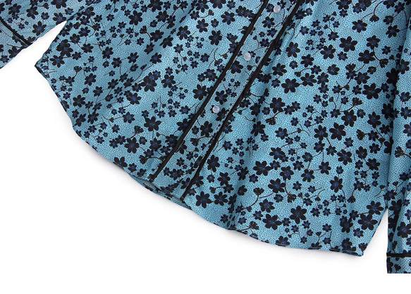 【ジョーゼットシルク100%】Vネック エレガントブルーのプリント柄　長袖ブラウス【秋春】ブルー 12枚目の画像