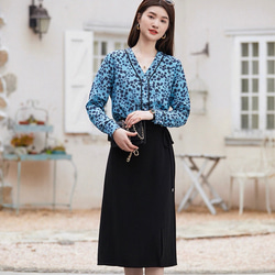 【ジョーゼットシルク100%】Vネック エレガントブルーのプリント柄　長袖ブラウス【秋春】ブルー 14枚目の画像