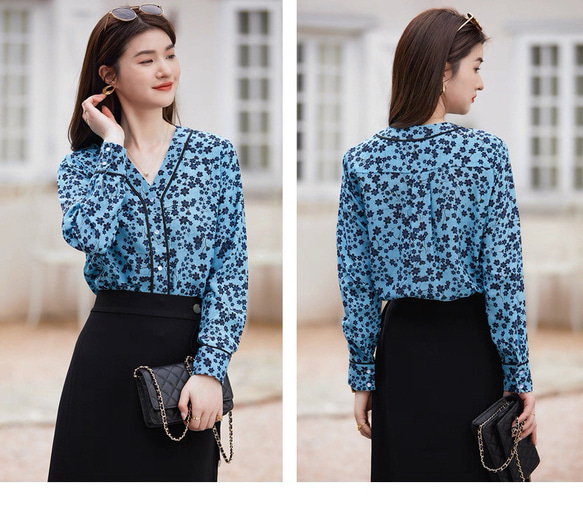 【ジョーゼットシルク100%】Vネック エレガントブルーのプリント柄　長袖ブラウス【秋春】ブルー 13枚目の画像