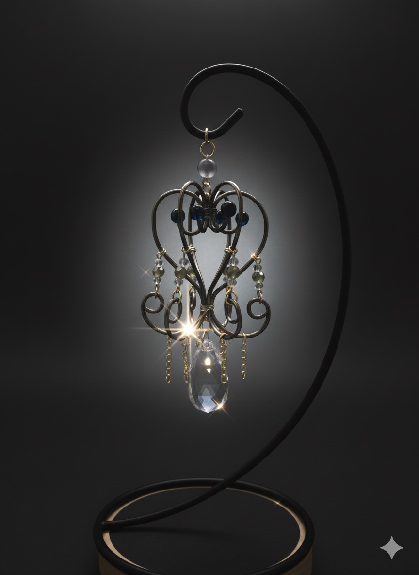 揺らめく光とワイヤーアートのサンキャッチャー　ミニシャンデリア　LEDディスプレイライト付き　【再販なし】一点物