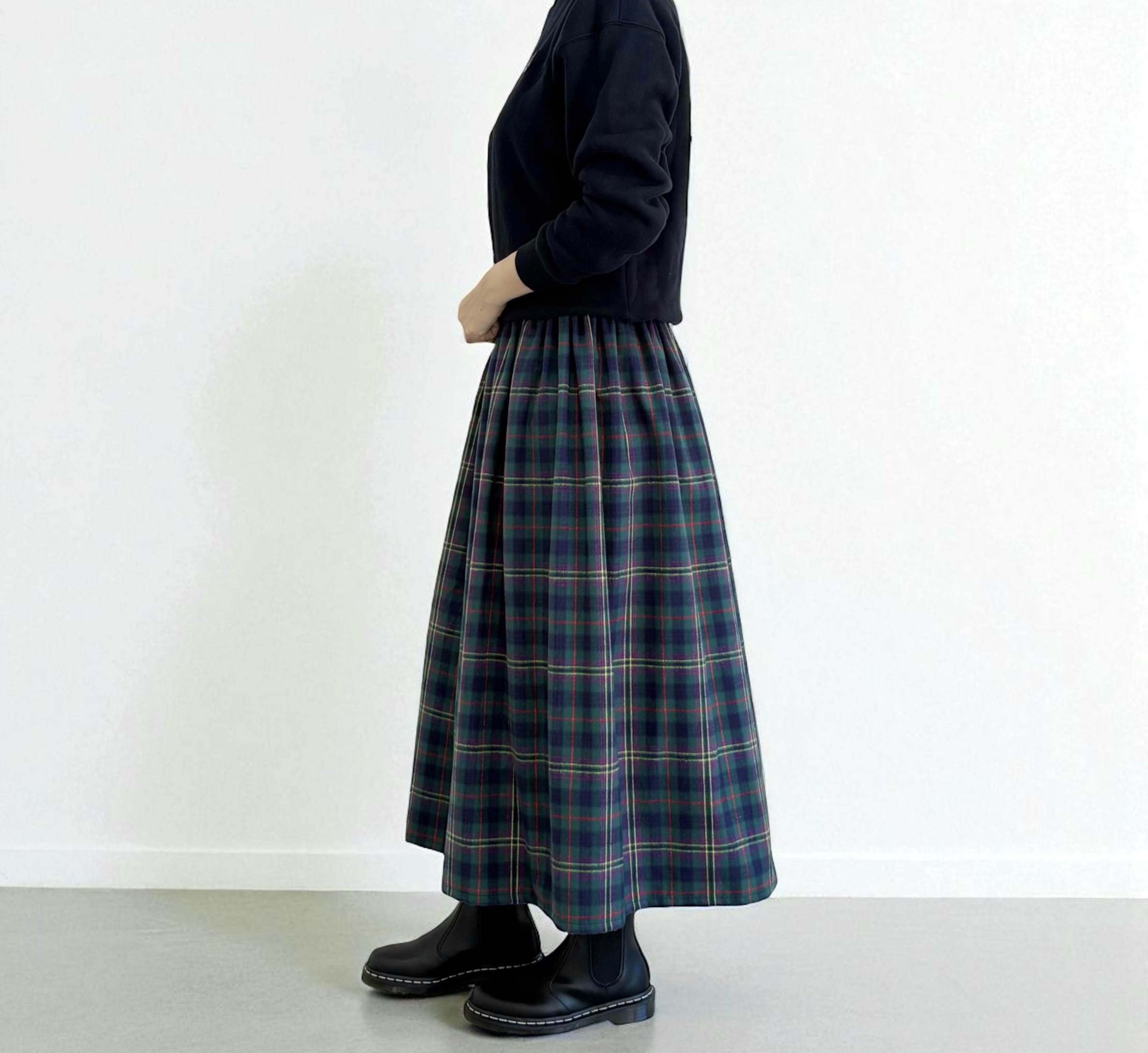 上質起毛シャギーチェックスカート　ダークグリーンイエロー