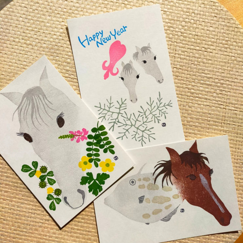 クラフト263) カード 友禅和紙 友禅紙 年賀状 干支 午年 ミニ扇子