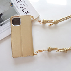 シンプルゴールドリボン 手帳型iphoneケース ゴールド★PUレザーストラップオプション スマホショルダー 6枚目の画像