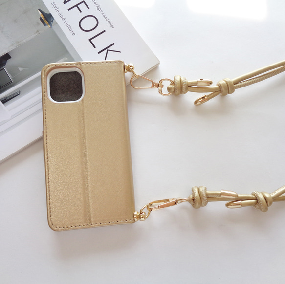 シンプルゴールドリボン 手帳型iphoneケース ゴールド★PUレザーストラップオプション スマホショルダー 6枚目の画像