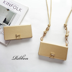 シンプルゴールドリボン 手帳型iphoneケース ゴールド★PUレザーストラップオプション スマホショルダー 1枚目の画像