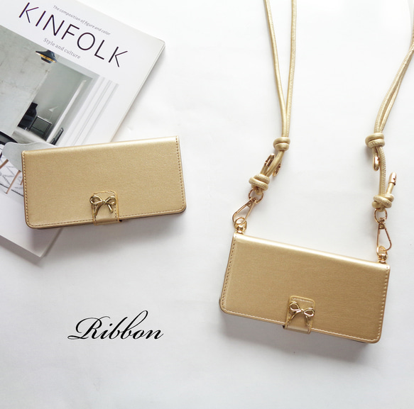 シンプルゴールドリボン 手帳型iphoneケース ゴールド★PUレザーストラップオプション スマホショルダー 1枚目の画像