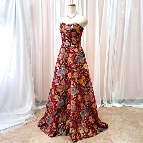 ドレスルームアミ　赤　花柄　ロングドレス 新作 カラードレス 赤 ワインレッド系 花柄ロングドレス 演奏会ドレス
