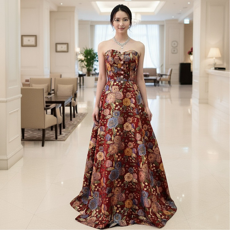 カラードレス 赤 ワインレッド系 花柄ロングドレス 演奏会ドレス 前撮り パーティ cd32360r-B