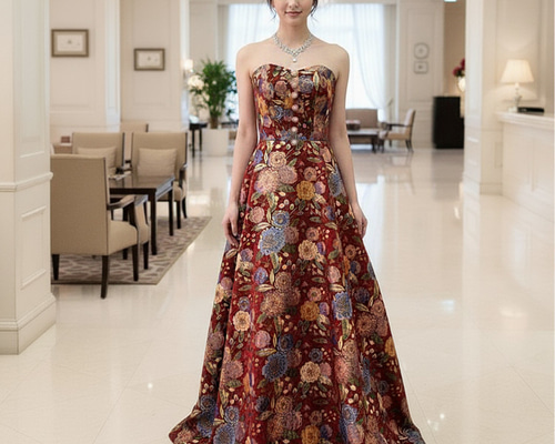 新作 カラードレス 赤 ワインレッド系 花柄ロングドレス 演奏会ドレス
