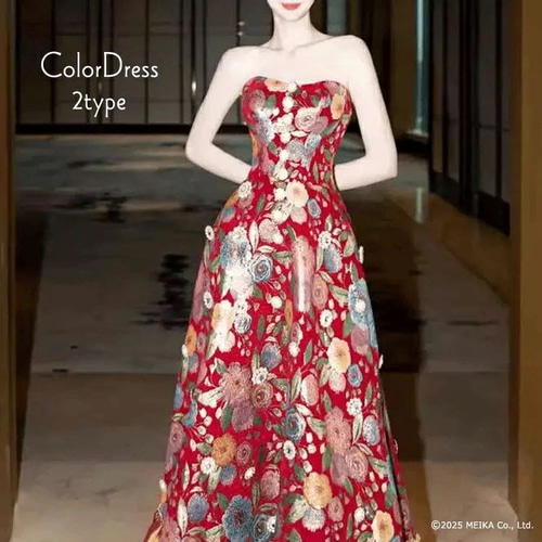 新作 カラードレス 赤 ワインレッド系 花柄ロングドレス 演奏会