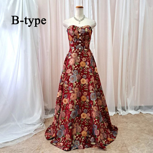 カラードレス 赤 ワインレッド系 花柄ロングドレス 演奏会ドレス 前