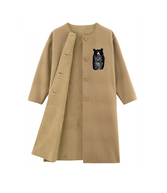 クマさん柄　レディースノーカラーボアコート 3枚目の画像