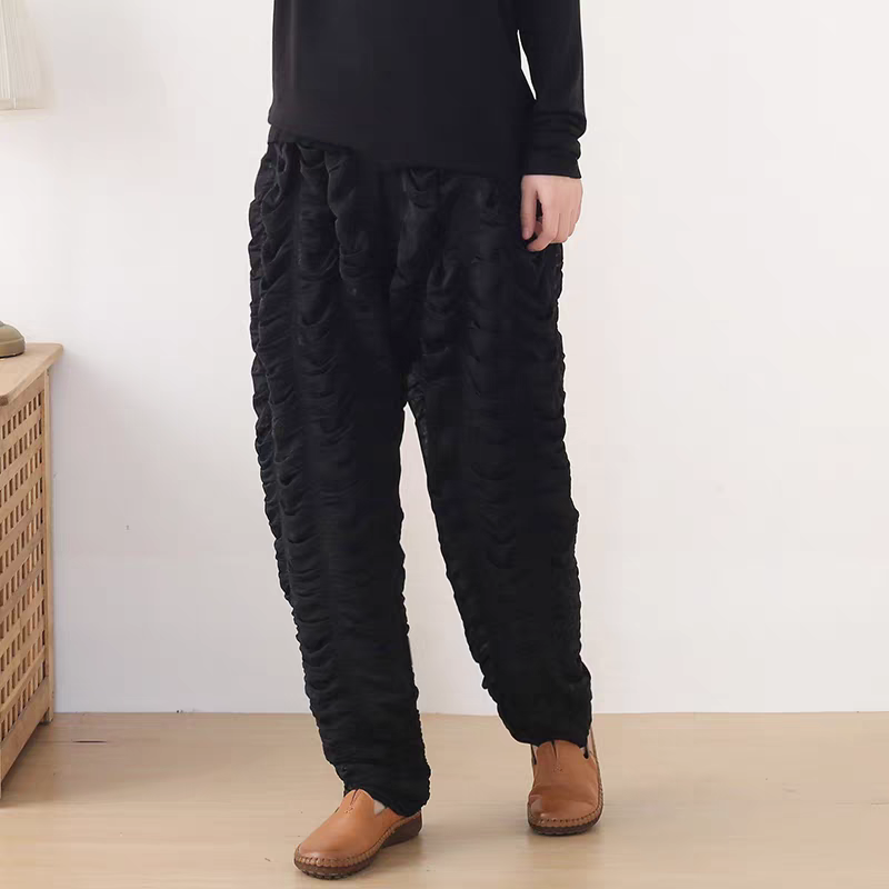 くしゅくしゅ生地の個性派リラックススタイル♪ギャザードレープパンツ  ブラック