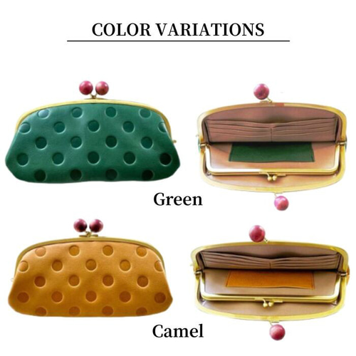 がま口 長財布 本革 親子がま口 財布 木玉 ドット 水玉 がま口長財布