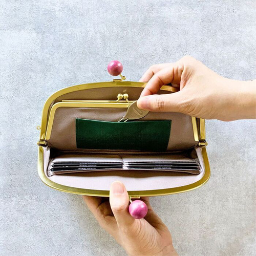 がま口 長財布 本革 親子がま口 財布 木玉 ドット 水玉 がま口長財布