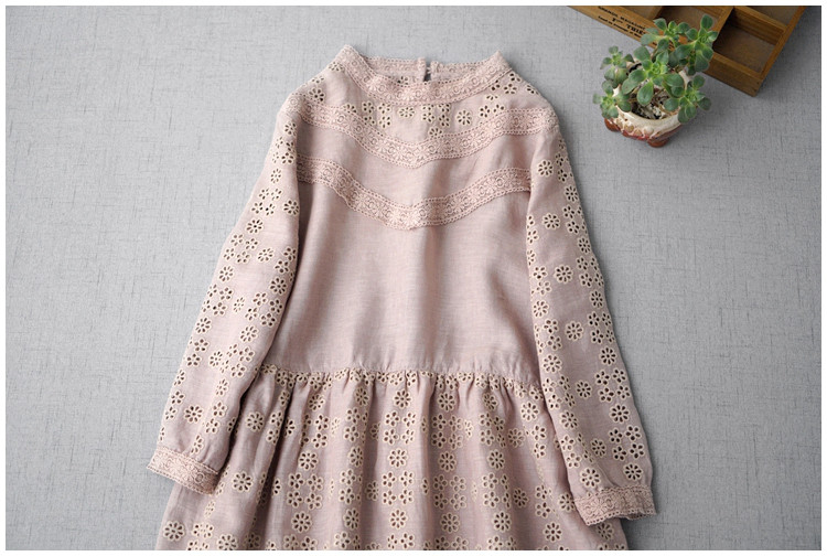 リネン100%スカラップ刺繡大人可愛い長袖ワンピース♪