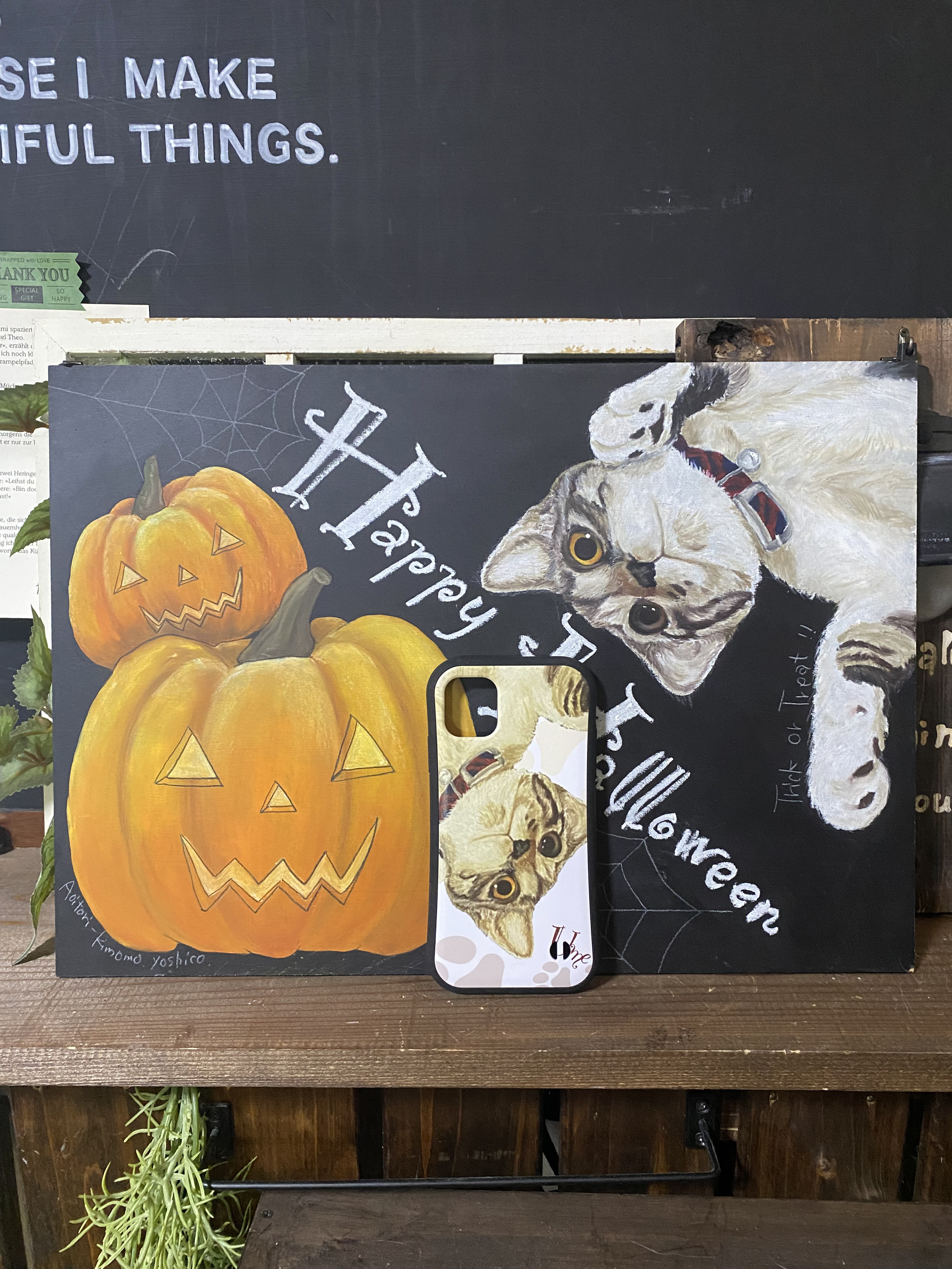 ペットの似顔絵ボード大とiPhoneグリップケースのセット