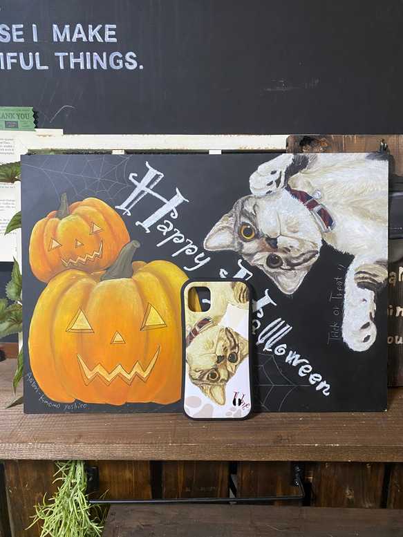 ペットの似顔絵ボード大とiPhoneグリップケースのセット 1枚目の画像