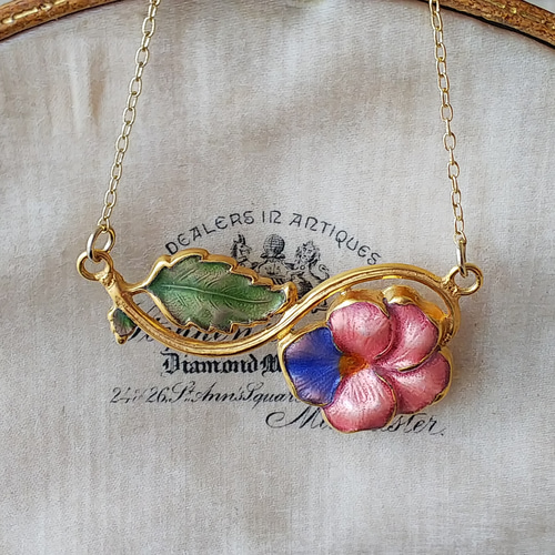 フランスヴィンテージ エナメル・くすんだピンク色とBlue色の花