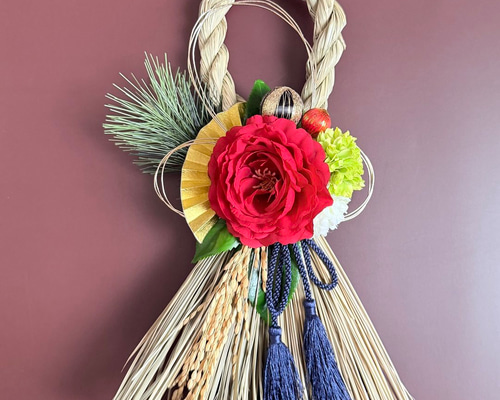 超早割価格】椿のしめ縄飾り 和モダン 正月リース 玄関インテリア 2026