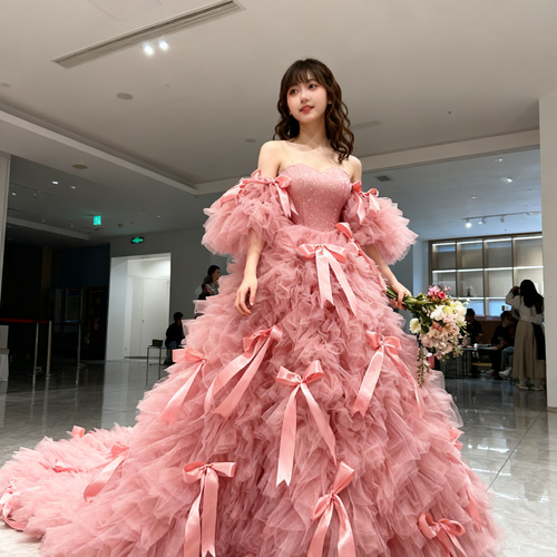 送料無料！カラードレス ピンク プリンセスライン もこもこドレス