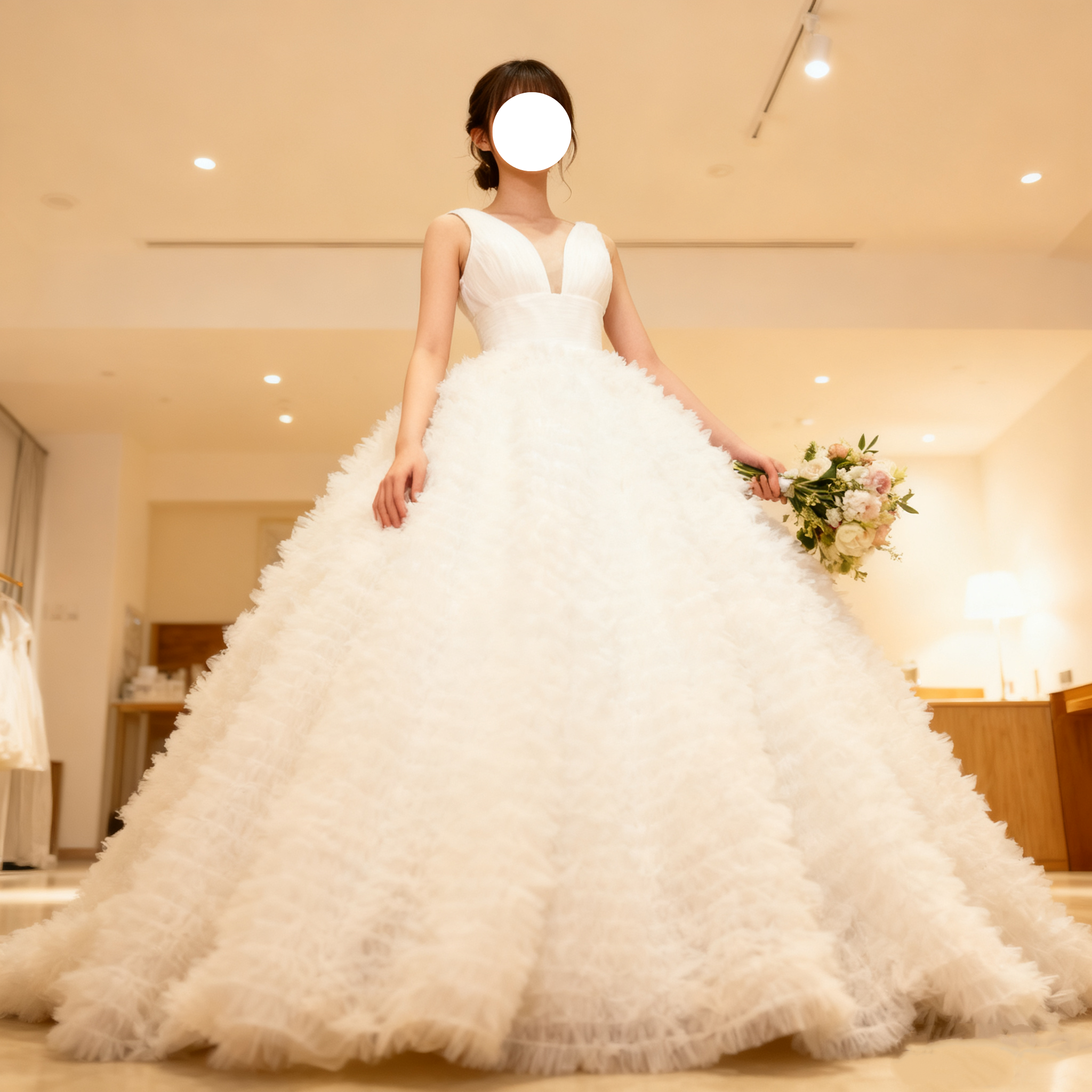 送料無料！ウェディングドレス ノースリーブ 編み上げ もこもこドレス 華やかなトレーン 結婚式