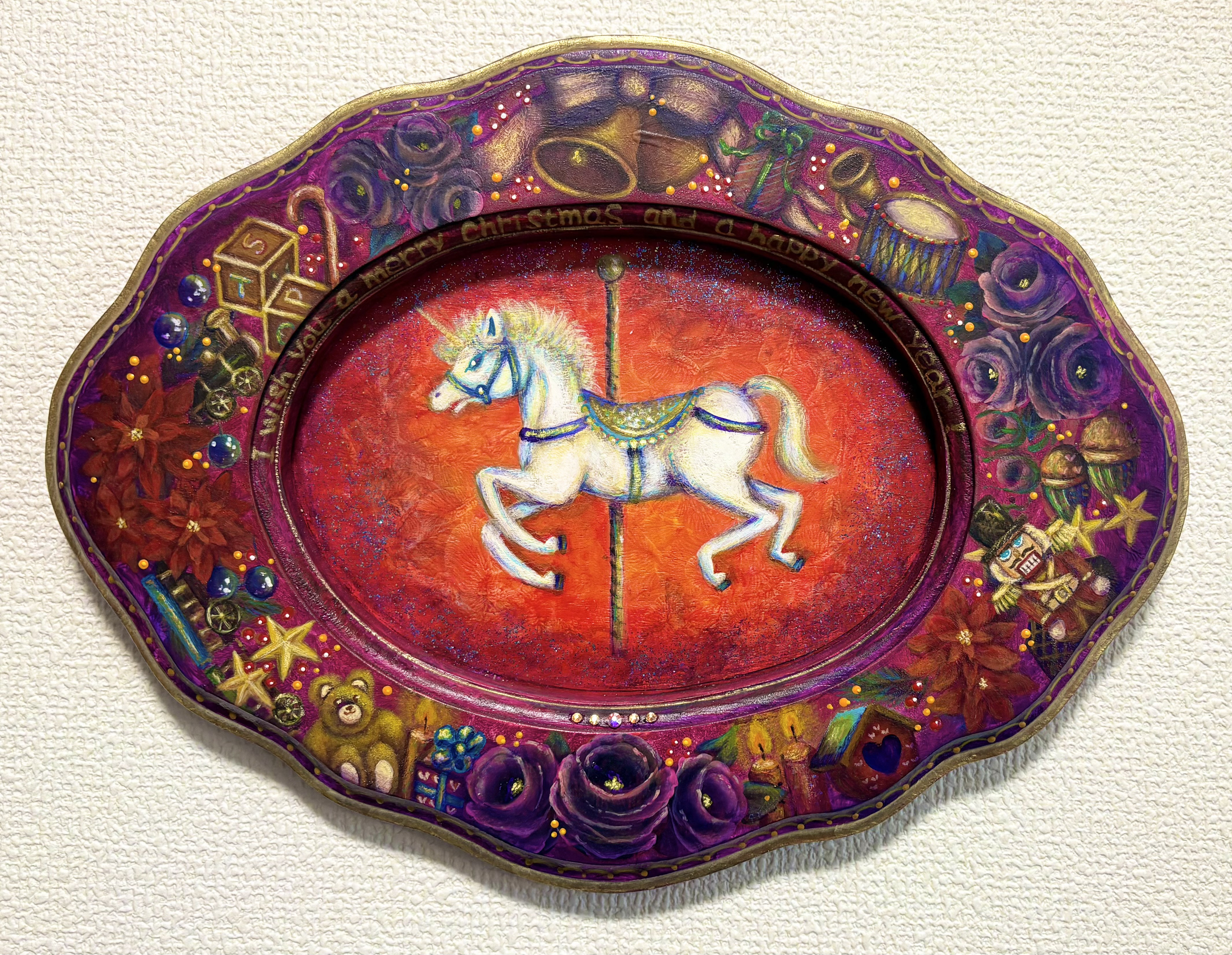 クリスマスの飾り絵「木馬のメリークリスマス」(原画)(1点もの)(送料無料)