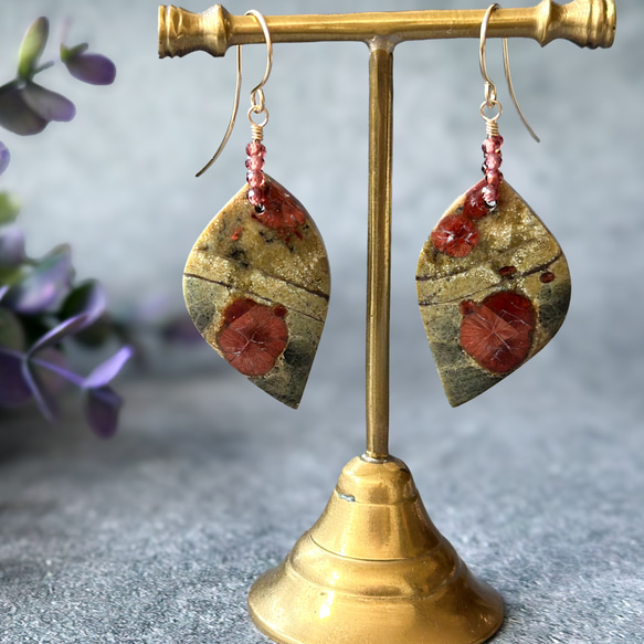 14kgf*秋色*大ぶりピーナッツオブシディアンのリーフピアス／イヤリング*1点物 6枚目の画像