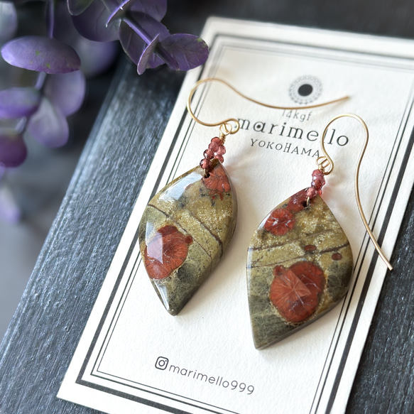 14kgf*秋色*大ぶりピーナッツオブシディアンのリーフピアス／イヤリング*1点物 2枚目の画像