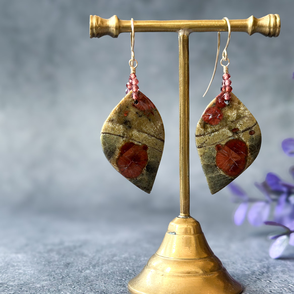 14kgf*秋色*大ぶりピーナッツオブシディアンのリーフピアス／イヤリング*1点物 1枚目の画像