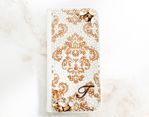 手帳型iPhone17proスワロフスキー ダマスクビ ジューゴールドデコレーションスマホケース 7枚目の画像