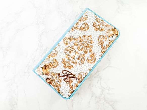 手帳型iPhone17proスワロフスキー ダマスクビ ジューゴールドデコレーションスマホケース 11枚目の画像