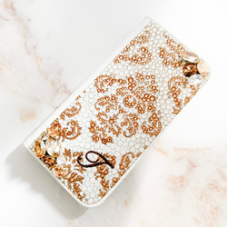 手帳型iPhone17proスワロフスキー ダマスクビ ジューゴールドデコレーションスマホケース 10枚目の画像