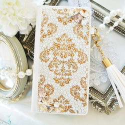 手帳型iPhone17proスワロフスキー ダマスクビ ジューゴールドデコレーションスマホケース 13枚目の画像